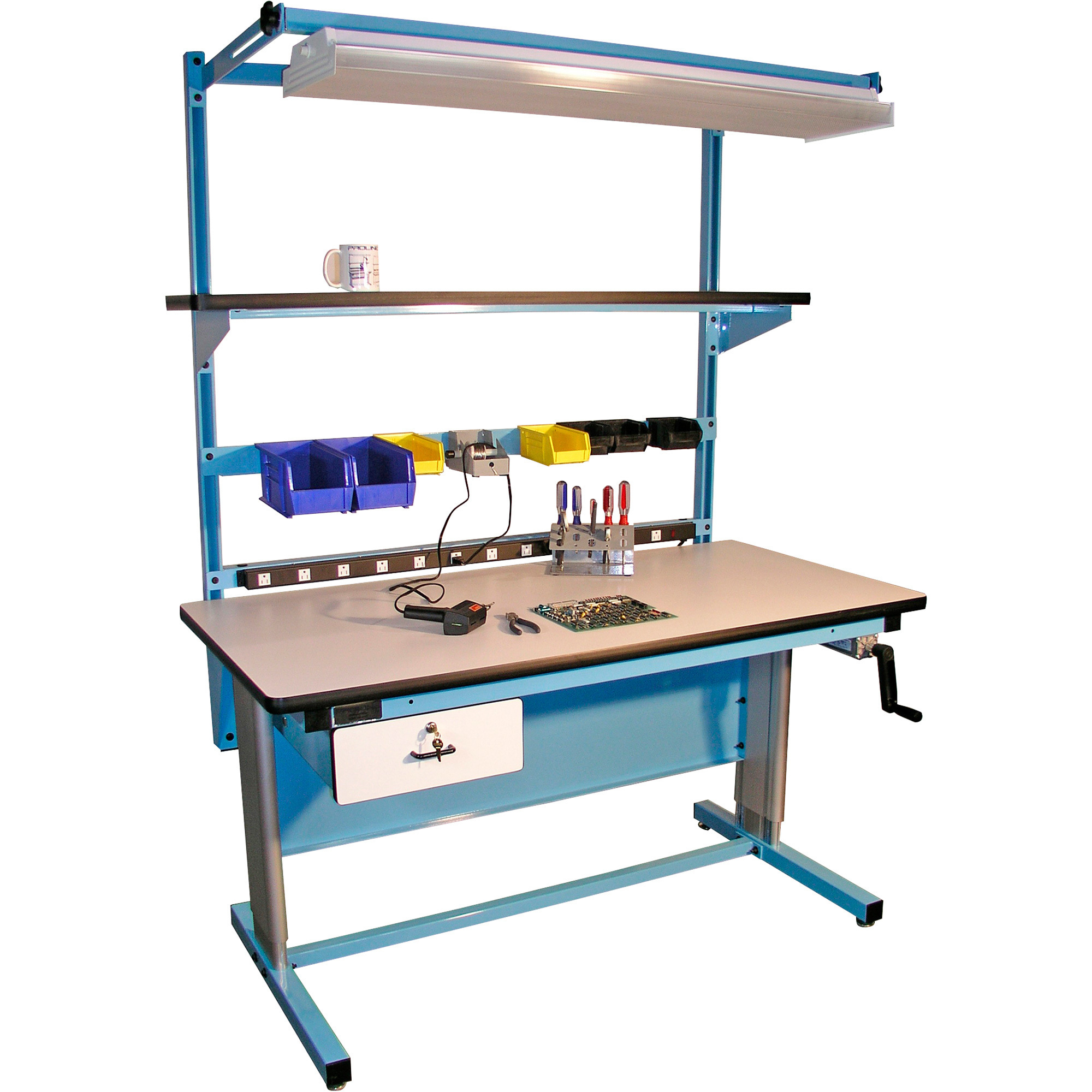 Pro-Line Hand-Crank, Height-Adjustable ESD Laminate Workbench, White/Light Blue, 72in.W x 30in.D x 30-42in.H, Model T
